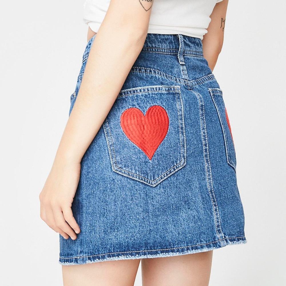 DOLLS KILL DENIM HEART EMBROIDERED MINI SKIRT